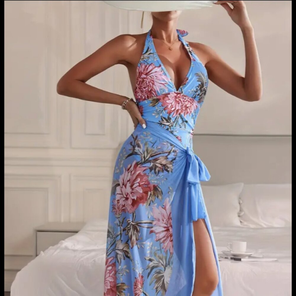 Floral swimsuit with coverup blue sky